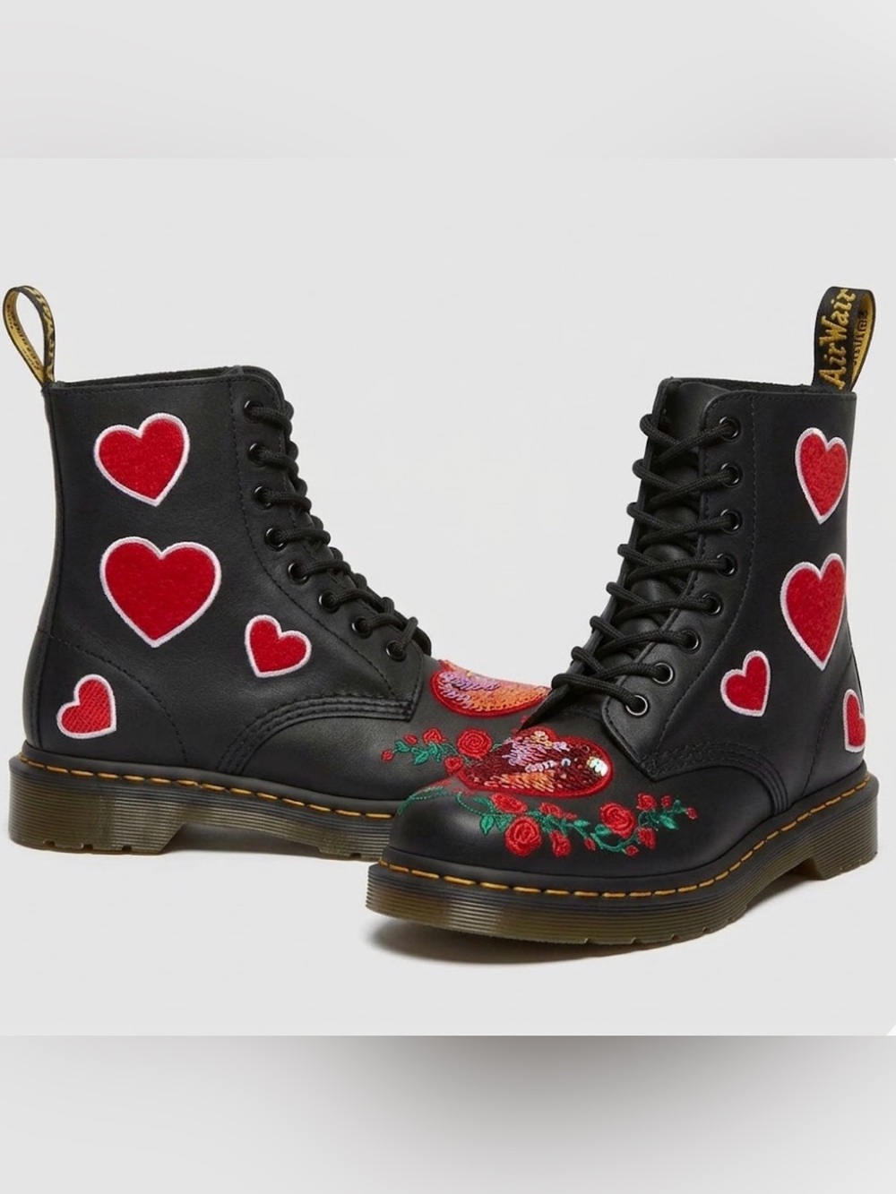 Dr. Martens Black Lace-Up Boots with Red Heart & Rose Embroidery